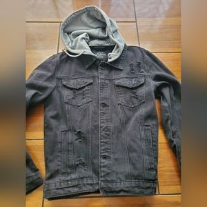 Victorious Premium Distressed Black Denim Jacket with Gray Hood
